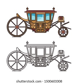 Isolated vintage chariot for wedding or old carriage for marriage. Coach of Maria Francisca de Saboia, landau cart for princess, fairytale clarence or contour of victorian cab, romantic wagon, waggon