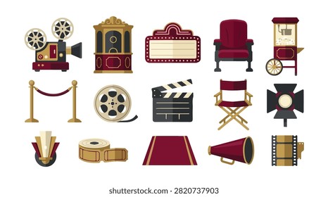 isolated vintage cinema equipment includes projector camera tickets marquee light spotlight red chair film reel popcorn for movie theater use