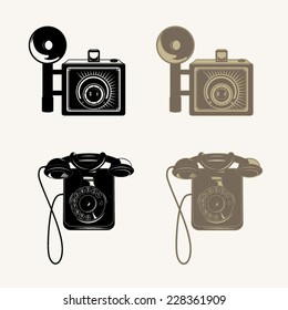 Isolated vintage detailed vector phone and photo camera. One and two colors variants.