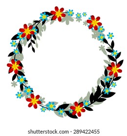 Isolated vintage floral frame wicker wreath with blue and red flowers. Vector illustration