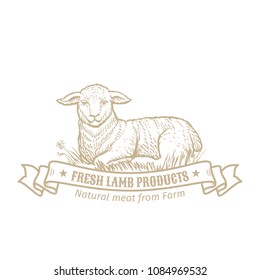 Isolated vintage golden and royal emblem of farm animal. Fresh and tasty lamb meat. Butchery products market. Hand made illustration and lettering. Concept template for branding