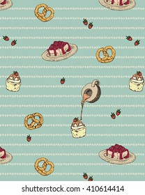  Isolated Vintage Hand Draw Cupcake, Raspberry Cheesecake, Strawberry and Pretzels Seamless Pattern Vector.