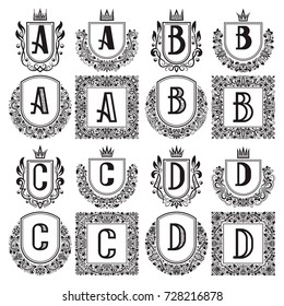 Isolated vintage monograms set. Heraldic logos with A, B, C, D letter. Black coats of arms in wreaths, round and square frames.