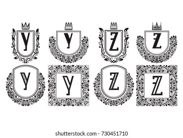 Isolated vintage monograms set. Heraldic logos with Y, Z letter. Black coats of arms in wreaths, round and square frames.