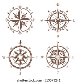 Isolated vintage or old compass rose icons. Sea or ocean navigation for ocean or sea boat, ship. Retro cartography icon or traveler compass sign, adventure rose.insignia, travel and discovery theme