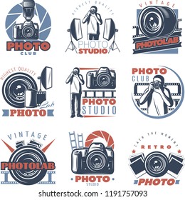 Isolated vintage photographer labels emblems with professional photo studio equipment stands reflector cameras and photographer symbols vector illustration