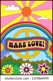 Isolated Vintage Psychedelic Poster 1960s Hippie Style Make  Love, Flowers, Sun, Pacific Sign 