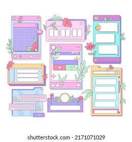 Isolated Vintage Retro Social Media templates, UI Frames and elements pop up window, search bar, countdown, pop up, quiz and question interface with pink purple vivid color