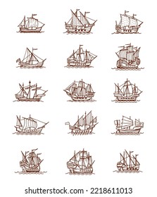 Einziger Vintage Segelschiffe und Segelboote. Alte Schiffsskizzen alter nautischer Karte. Segelboote und -schiffe, alte Karaaten, antike Galeons, Yacht und Frigates mit Meereswellen, Segel, Seile