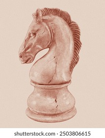 Isolated, vintage, stippling chess knight illustration.