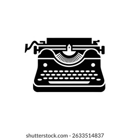 An isolated vintage style typewriter machine in solid black, featuring classic design and a transparent backdrop. Represents retro technology.
