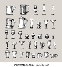isolated vintage vector glass set for beer, wine, liquor. for pub menu or bar illustration