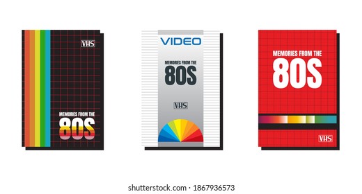 Isolated vintage VHS tape covers. Vector colored illustrations on light background. Original retro objects.	