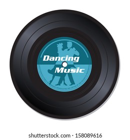 Isolated vinyl record with the text dancing music and a couple silhouette dancing