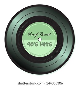 Isolated vinyl record with the text nineties hits written on the lower side of the record