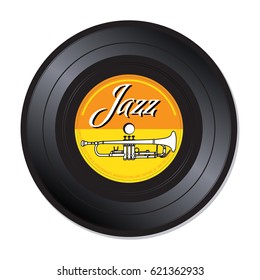 Isolated vinyl record with trumpet design and the text Jazz written with white letters