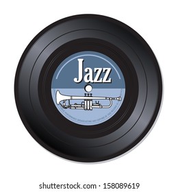 Isolated vinyl record with a white trumpet and the word jazz written with white letters