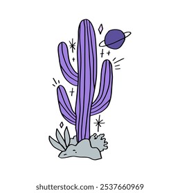 Isolado violeta boho cactus e saturno vetor clipart ilustração