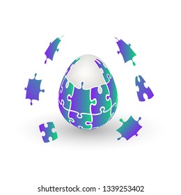 Isolated violet green jigsaw egg easter egg. Abstract conceptual Easter logo. Vector isolated 3D object illustration