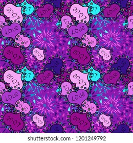 Isolated with violet, pink and black colors elements background. Seamless with hearts. Brush strokes. Ink illustration. Ornament for Valentine