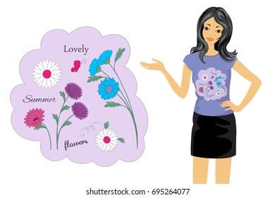Isolated violet shape with doodle flowers. T-shirt, tunic and bag's design. Cartoon girl with t-shirt's mock-up on the white background. Eps 10.
