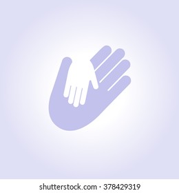 Isolated violet and white vector hands logo. Orphanage emblem. Family sign. Children care image. Adoption illustration. Child raising. Kindergarden icon. Charity for orphans. Help kids campaign
