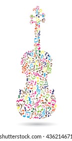 Isolated violin made of musical notes on white background. Colorful notes pattern. Note shape. Poster and decoration idea.
