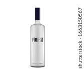 Isolated vodka bottle mockup with text label - alcohol drink packaging template on white background. Realistic glass bottle with black unopened cap - vector illustration
