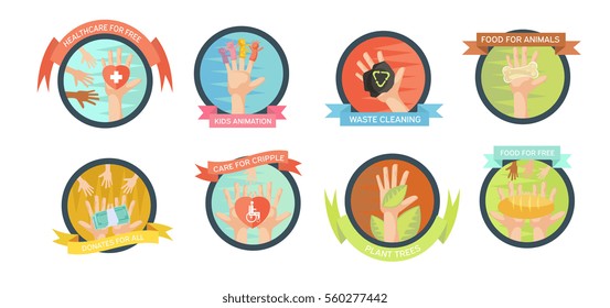 Isolated volunteering emblems set with helping hand images and signs inscribed in round frames with text ribbons vector illustration