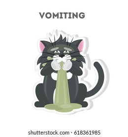 Gato que vomita aislado. Personaje divertido lindo sobre fondo blanco.