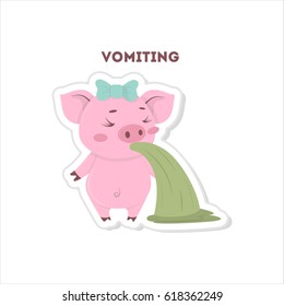 Isolated vomiting pig. Cute funny character on white background.