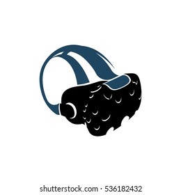 Isolated vr headset logotype on white background. Black color virtual reality helmet logo. Head-mounted display icon. Modern gaming device. Simulation smartglasses vector illustration