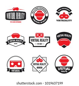 Isolated vr headset logotype set. Virtual reality helmet logo. Head-mounted display icon collection. Logo device.