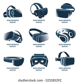 Einzeln vr Headset Logotype Set. Logo des Virtual-Reality-Helms. Auf dem Kopf montierte Symbolsammlung. Logo-Gerät. Futuristisches Gaming-Element. Simulationsbrille, Vektorgrafik vr.