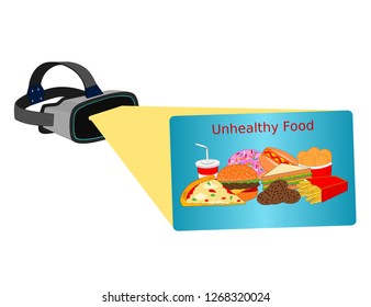 Isolated vr headset technology device display unhealthy fast food menu