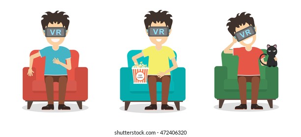 Isolated vr man set. Young smiling man using vr glasses sits on armchair on white background. Augmented reality, new technologies. 3D film.