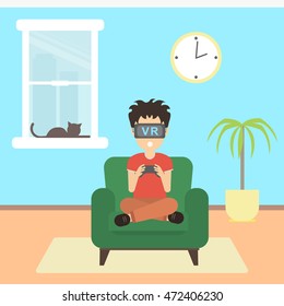 Isolated vr man. Young smiling man using vr glasses sits on armchair with gamepad. Augmented reality, new technologies. Video game.