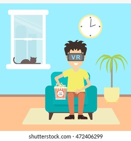 Isolated vr man. Young smiling man using vr glasses sits on armchair on white background. Augmented reality, new technologies. 3D film.