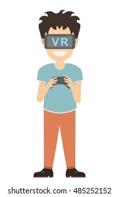 Isolated vr man. Young smiling man using vr glasses stands with gamepad. Augmented reality, new technologies. Video game.