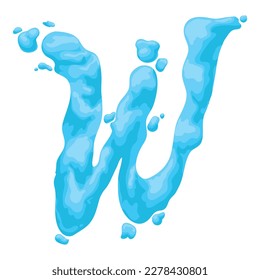 Isolated W letter with watery effect and drops. Design in cartoon style.