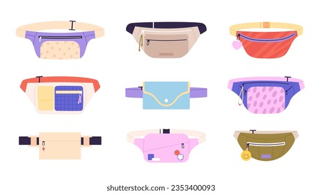 Bolsa de cintura aislada, graciosas bolsas de billetera. Accesorios para chicas, bolso elegante y fresco. Bolsa de moda, bolsos de mano variados casuales. Gráfico vectorial de rancia