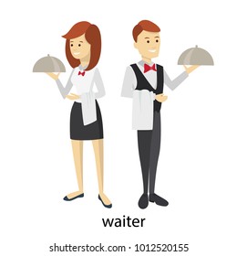 Isolated waiters couple in uniform with trays on white.