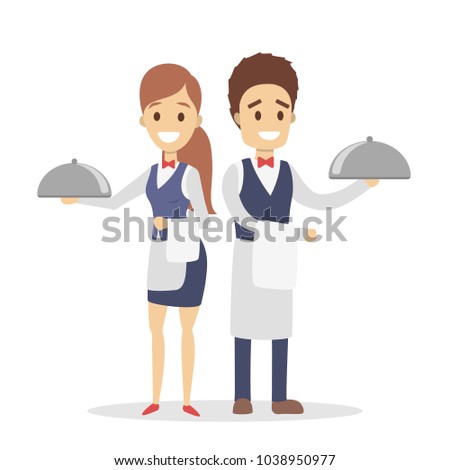 Isolated waiters couple in uniform with trays.