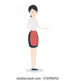 Isolated waitress on white background. Woman in uniform with a tray.