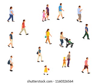 isolated, walking people with children, flat style, set