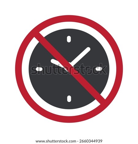 Isolated wall clock icon with prohibition sign, symbolizing no time, missed deadlines, overdue date, time pressure, and lack of available hours.