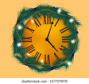 Isolated Wall mounted golden clock with roman numerals. Put on garlands and lights with spruce Christmas branches. vector illustration