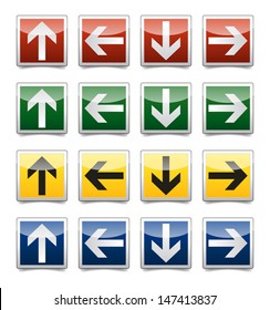Isolated warning, exit, emergency sign collection with reflection and shadow on white background.