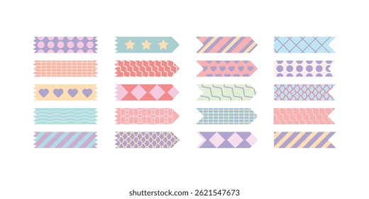 Fitas isoladas de fita washi, fitas adesivas, papel adesivo e adesivos. Vários elementos padronizados com bordas rasgadas em um fundo branco. Coleção de vetores para scrapbooking e colagens.