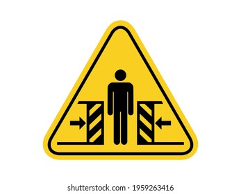 isolated watch out automatic door, common hazards symbols on yellow round triangle board warning sign for icon, label, logo or package industry etc. flat style vector design. 